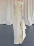 Sweetheart Champagne Draped Glitter Mermaid Formal Evening Gown