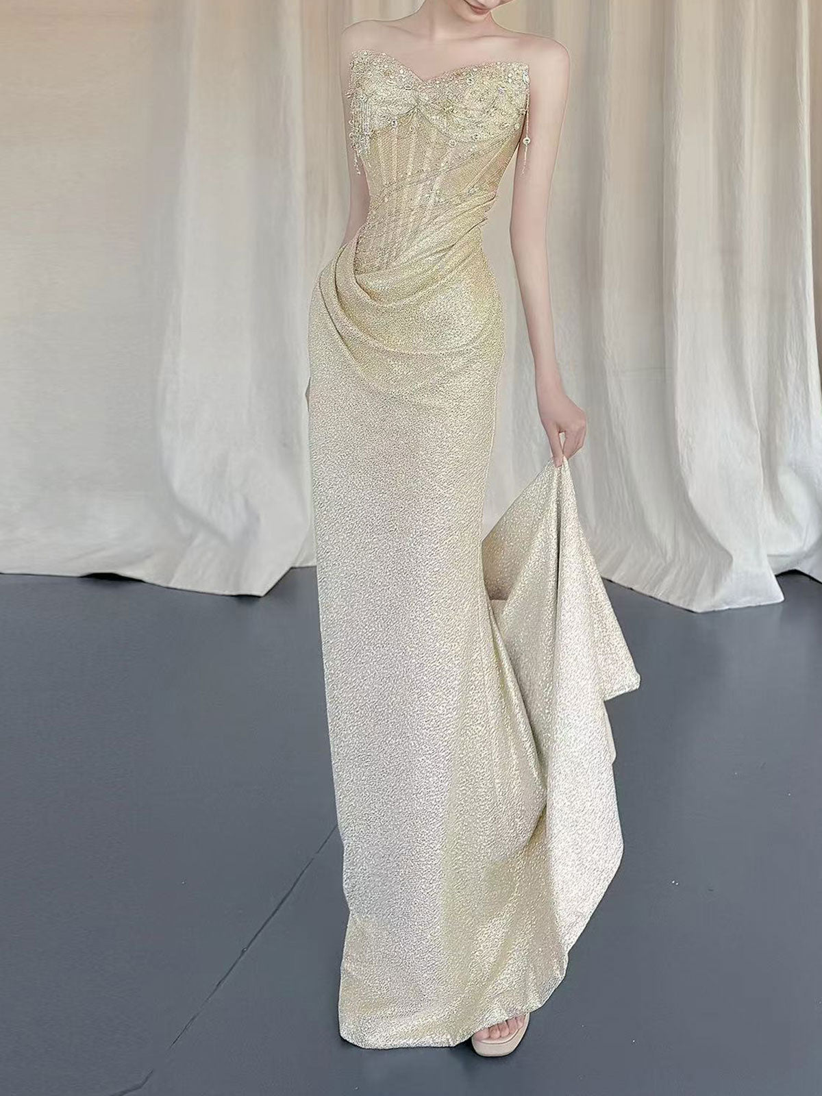 Sweetheart Champagne Draped Glitter Mermaid Formal Evening Gown