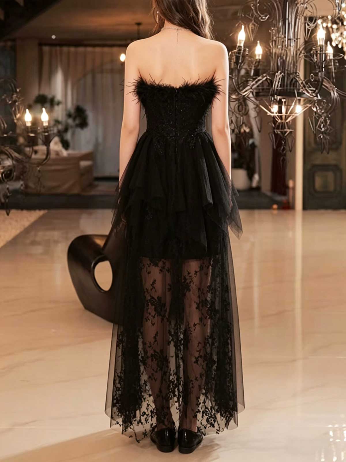 Black Strapless Feather Trim Lace Midi Evening Dress
