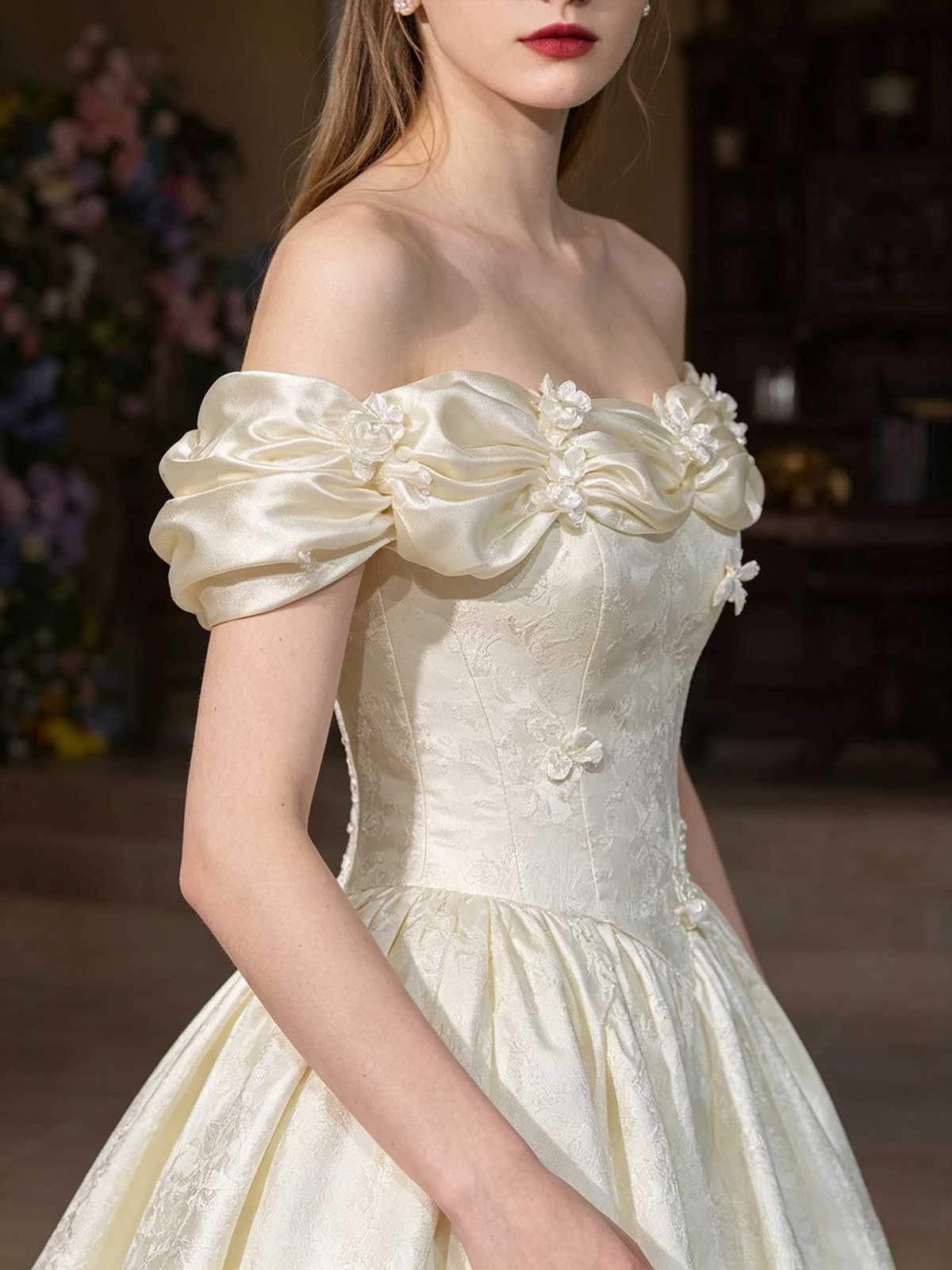 Ivory Satin Off-the-Shoulder Jacquard A-Line Wedding Dress