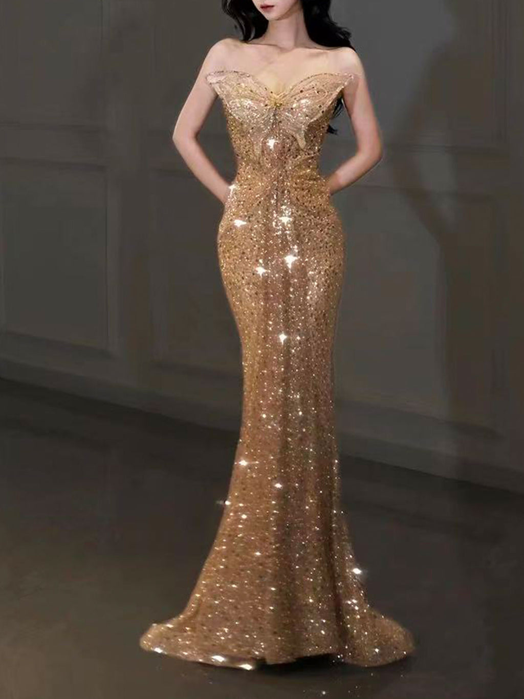 Sweetheart Gold Butterfly Sequin Fitted Mermaid Evening Gown