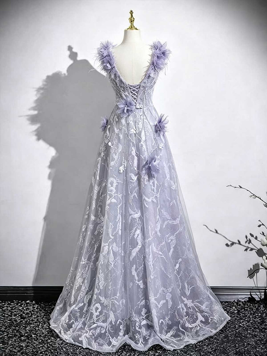Lavender Off-the-Shoulder Tulle Gown with Feather Trim & 3D Floral Appliqués