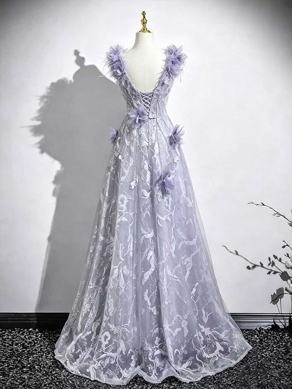 Lavender Off-the-Shoulder Tulle Gown with Feather Trim & 3D Floral Appliqués