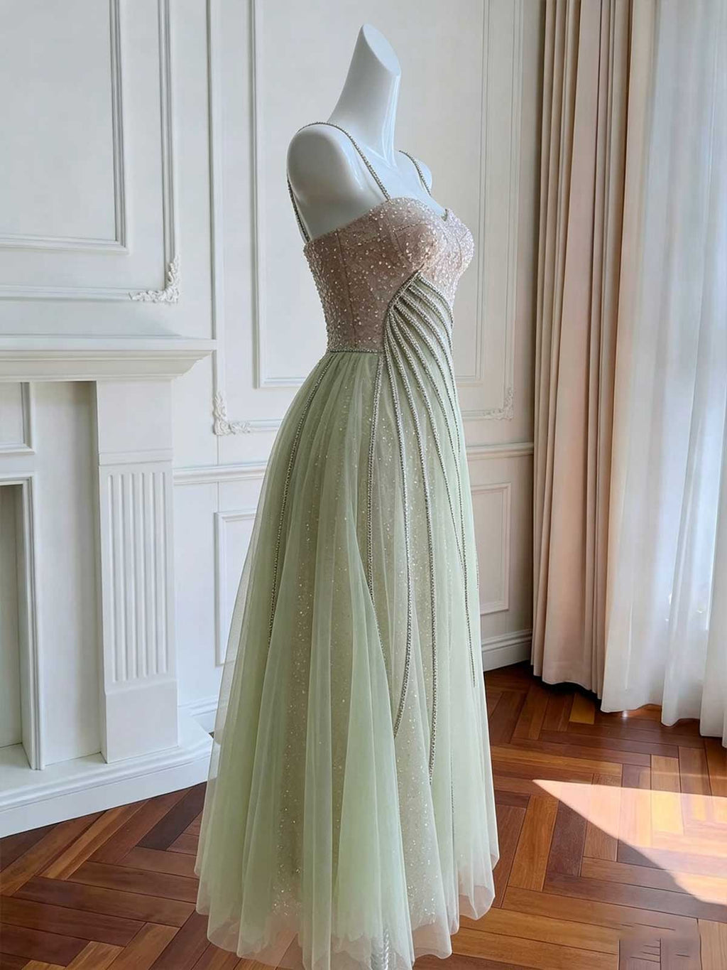 Sage Green Gradient Spaghetti Strap Evening Dress with Crystal Stripe Details