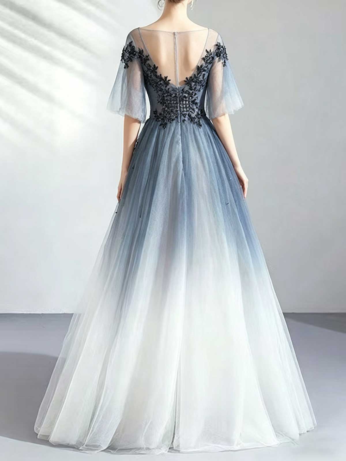 Ombre Blue to White Sheer Sleeve Tulle Evening Gown with Floral Appliqués