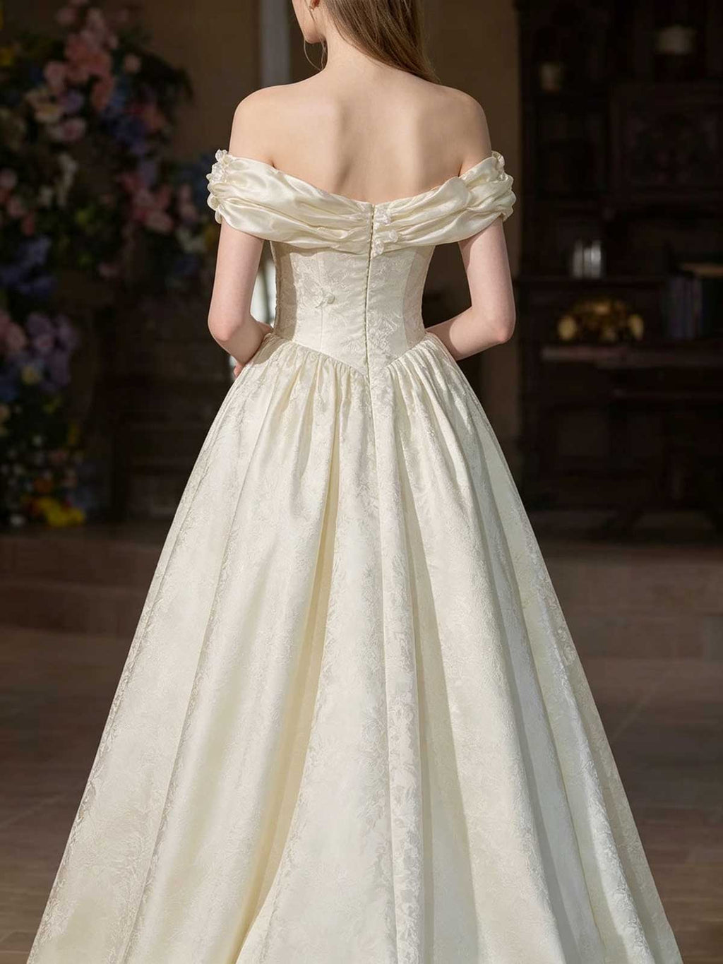 Ivory Satin Off-the-Shoulder Jacquard A-Line Wedding Dress