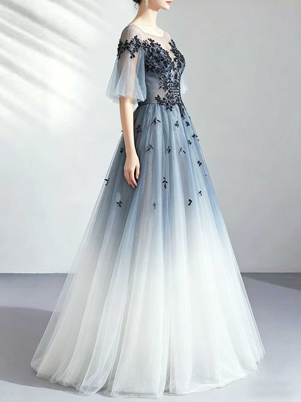 Ombre Blue to White Sheer Sleeve Tulle Evening Gown with Floral Appliqués