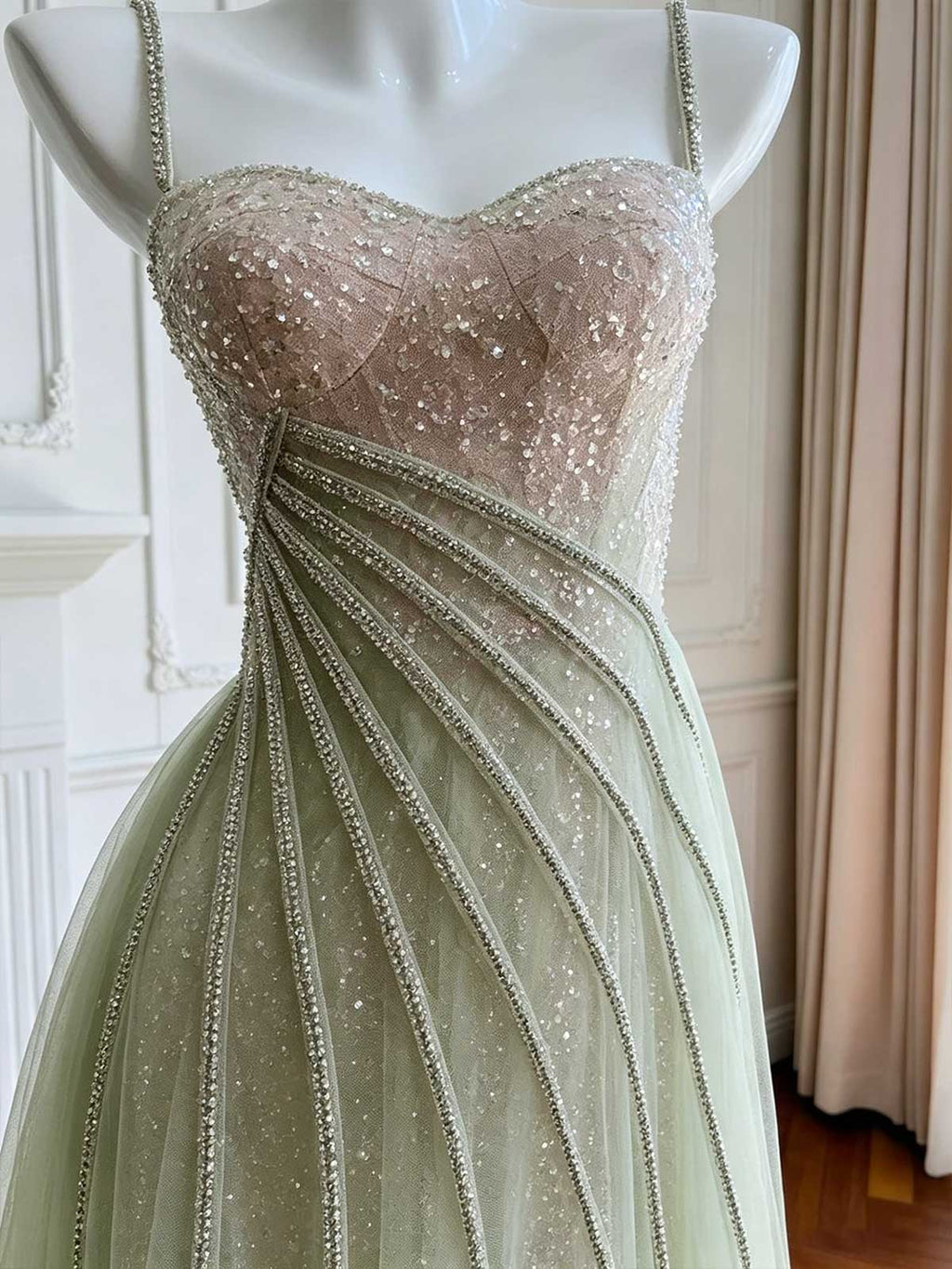 Sage Green Gradient Spaghetti Strap Evening Dress with Crystal Stripe Details