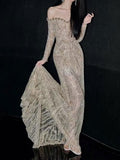 Off Shoulder Long Sleeve Ruched Sheer Sequin Mermaid Evening Gown