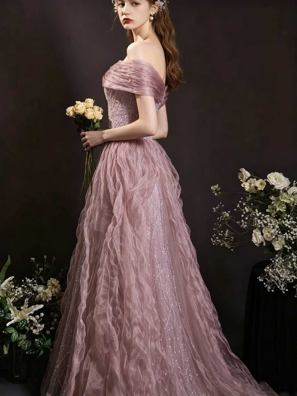 Dusty Pink Off-the-Shoulder Sparkle Tulle A-Line Prom Gown