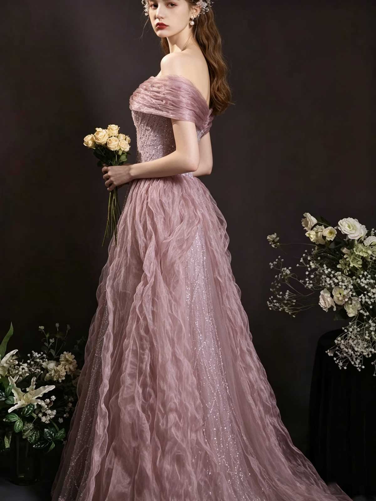 Dusty Pink Off-the-Shoulder Sparkle Tulle A-Line Prom Gown