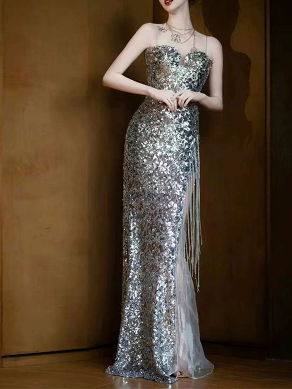 Spaghetti Strap Silver Fringe Slit Sequin Mermaid Evening Gown