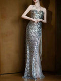 Spaghetti Strap Silver Fringe Slit Sequin Mermaid Evening Gown