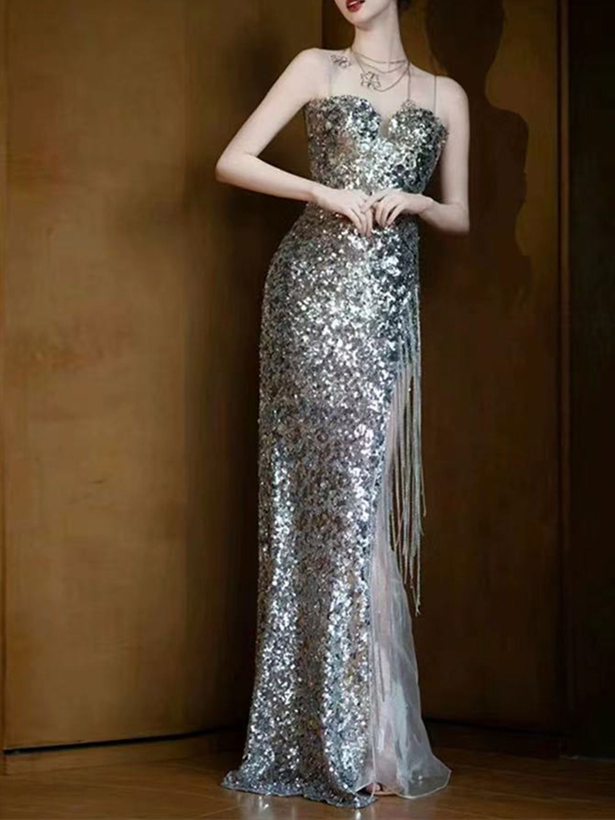 Spaghetti Strap Silver Fringe Slit Sequin Mermaid Evening Gown