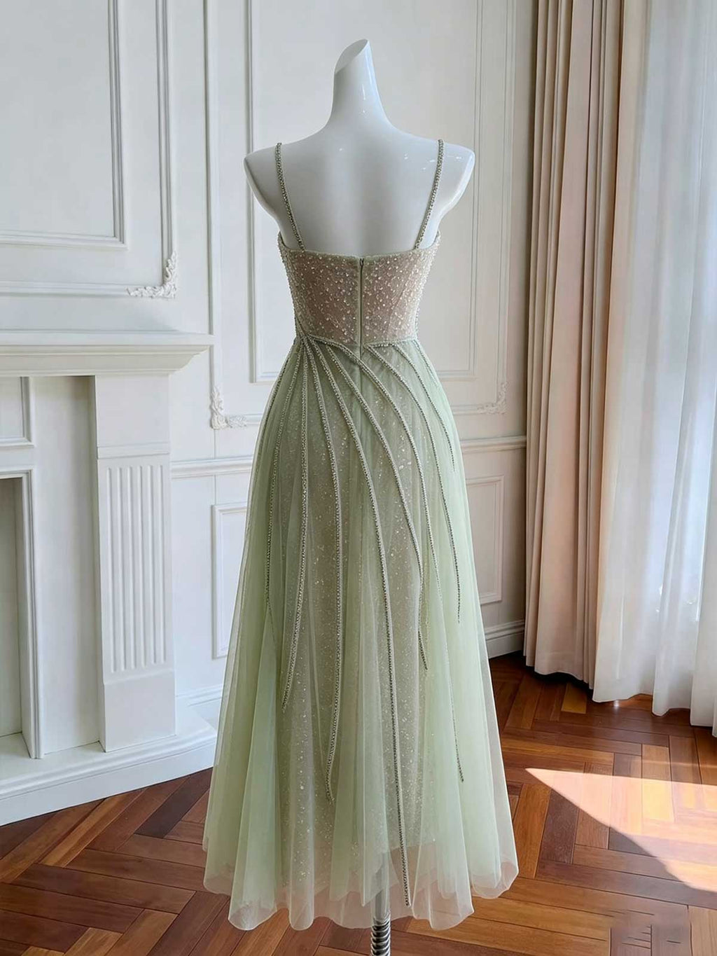 Sage Green Gradient Spaghetti Strap Evening Dress with Crystal Stripe Details