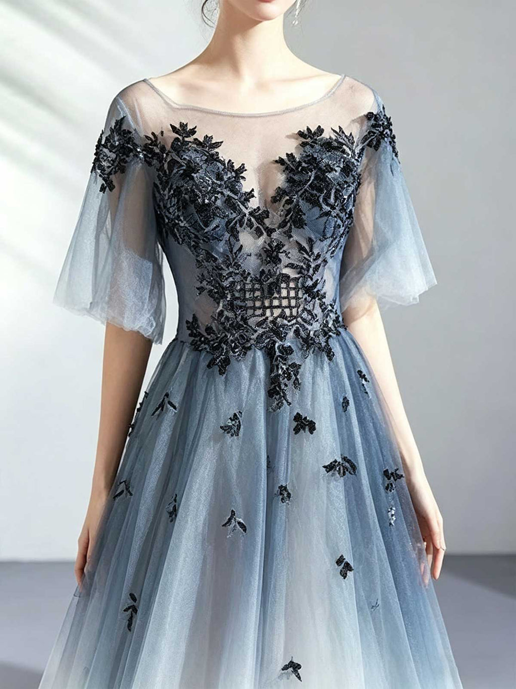 Ombre Blue to White Sheer Sleeve Tulle Evening Gown with Floral Appliqués