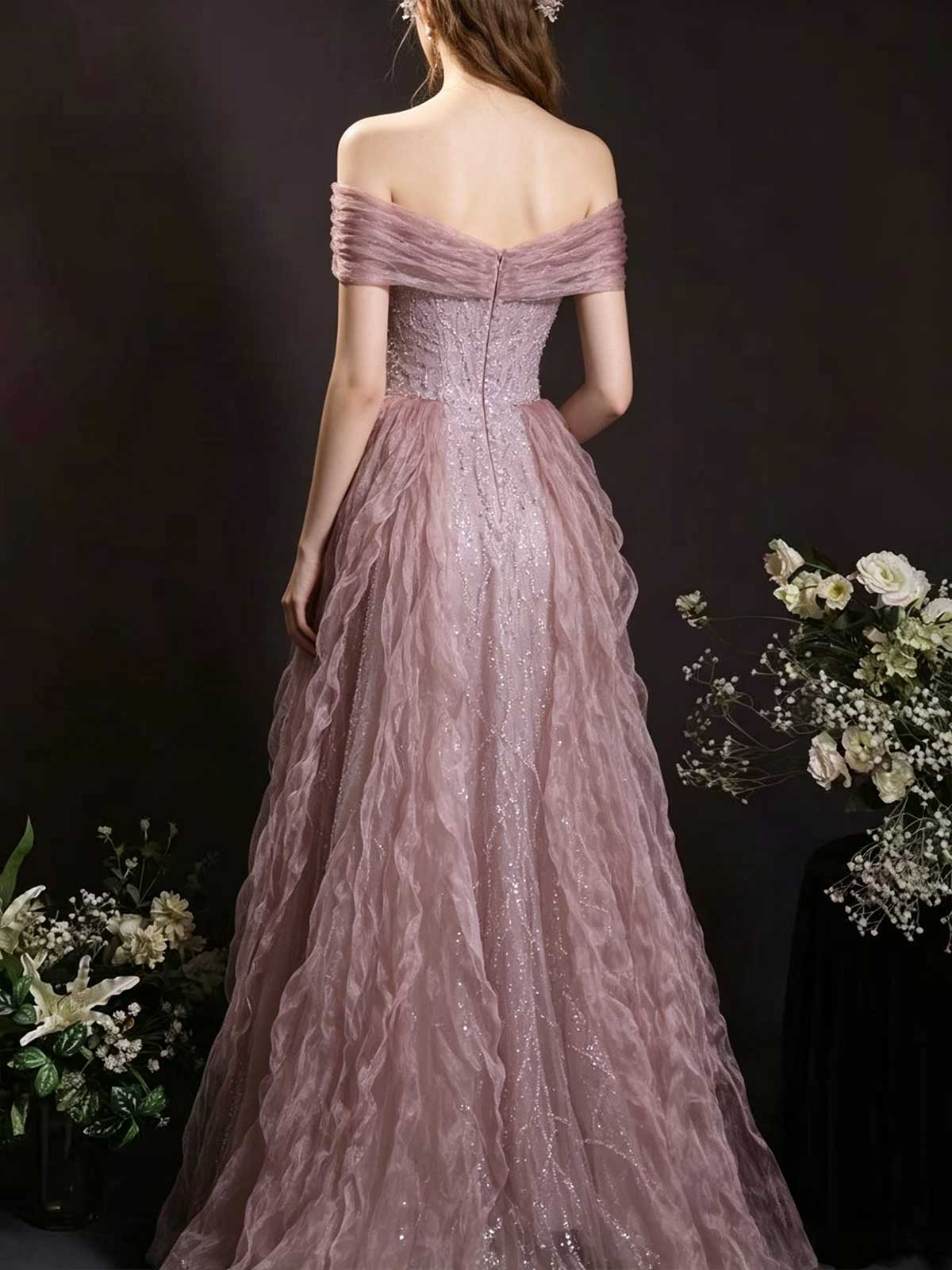 Dusty Pink Off-the-Shoulder Sparkle Tulle A-Line Prom Gown