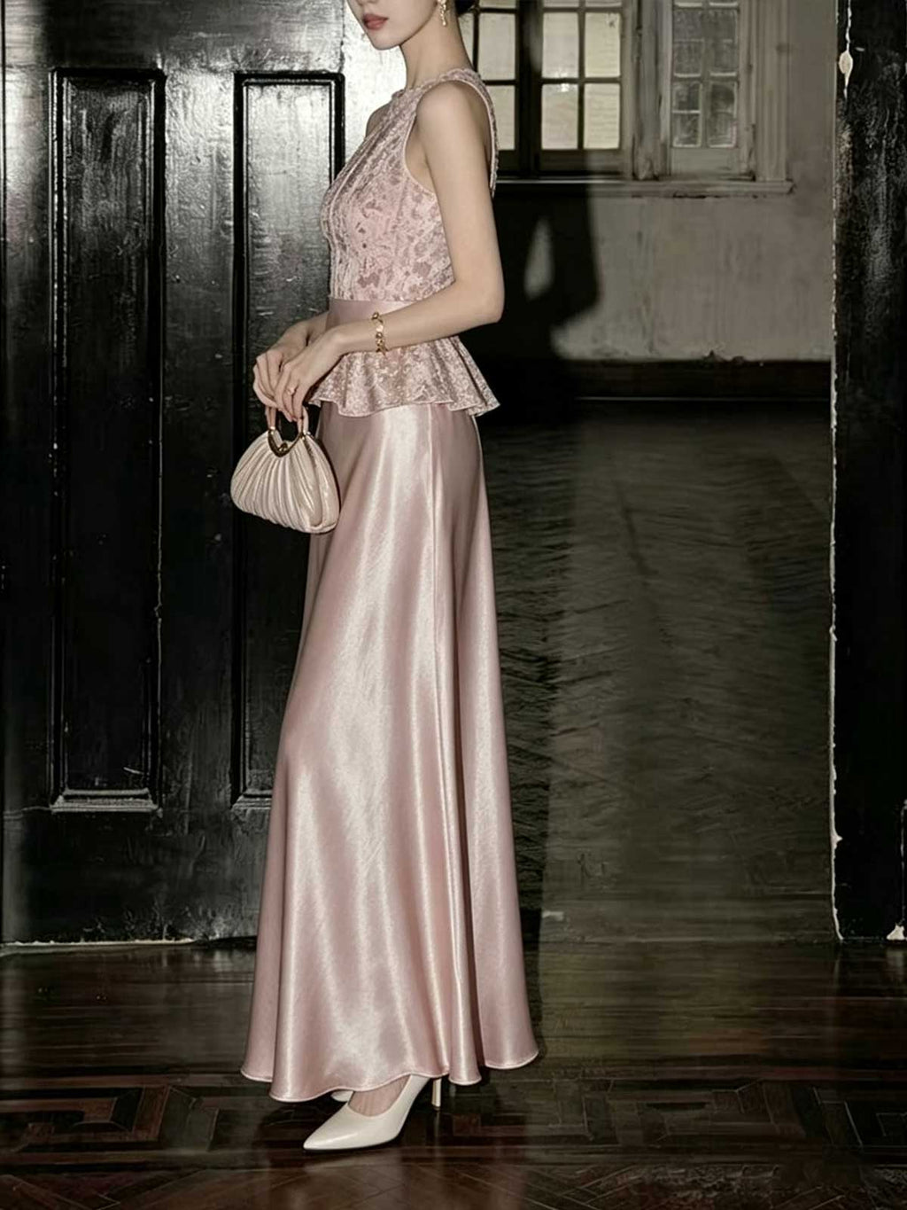 Blush Pink Lace and Satin Halter Evening Dress with Peplum Waist