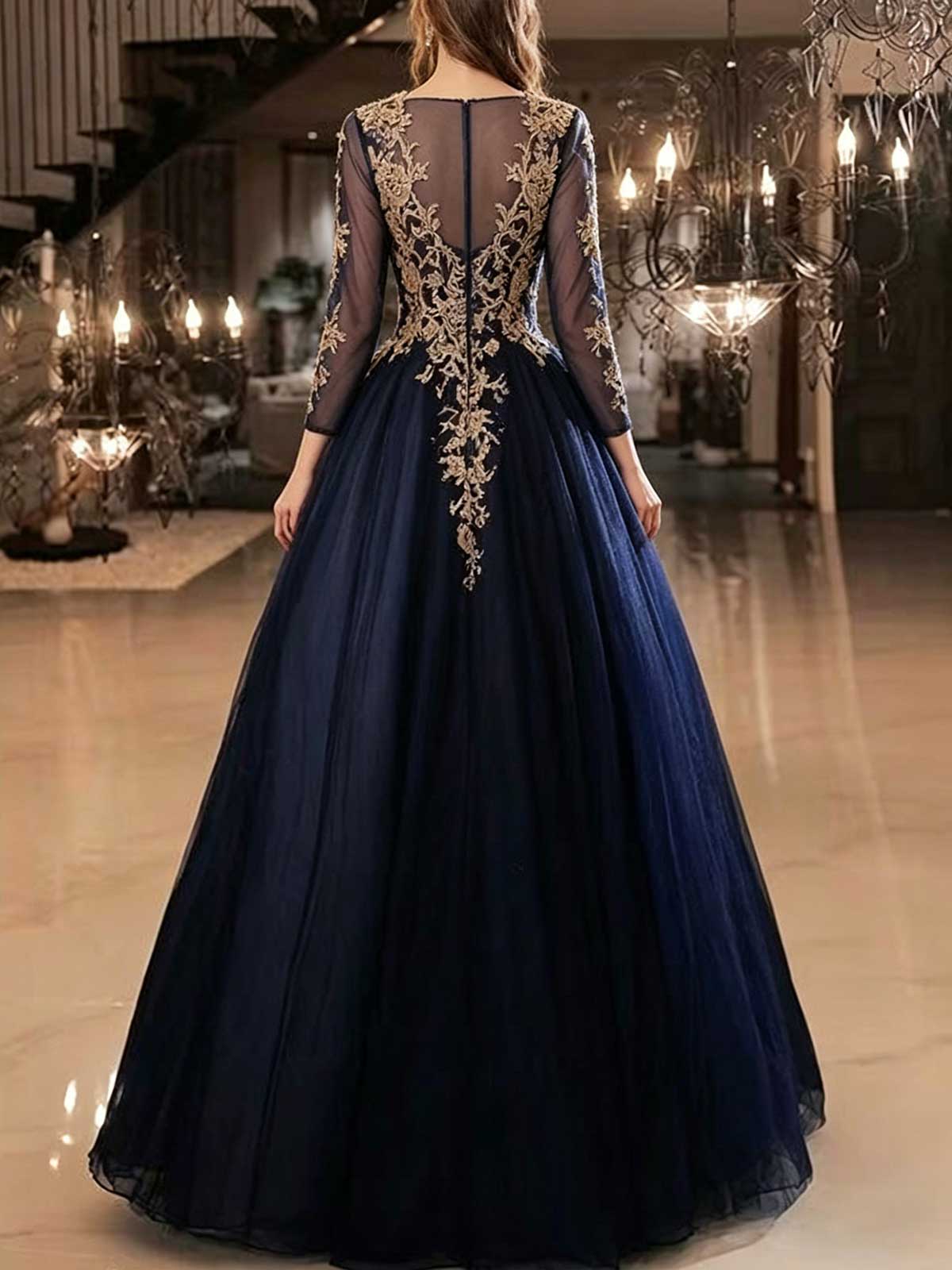 Navy Blue Long Sleeve Lace Evening Gown with Gold Appliqués