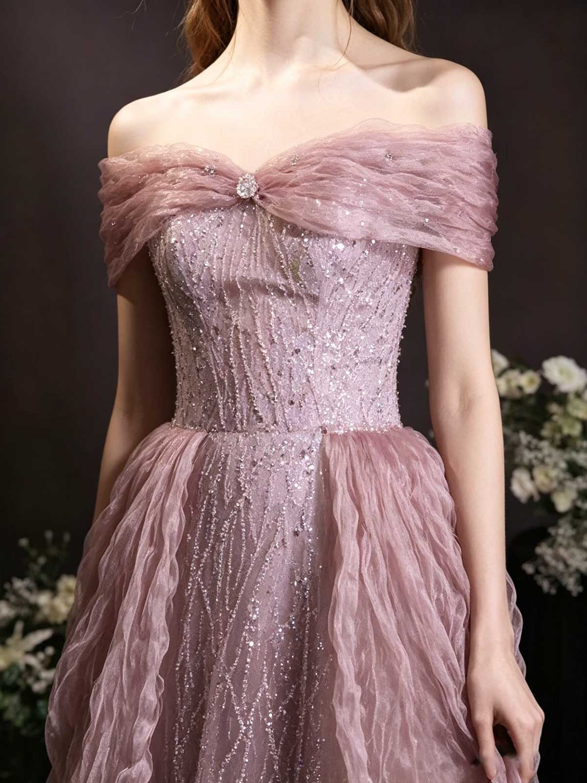 Dusty Pink Off-the-Shoulder Sparkle Tulle A-Line Prom Gown