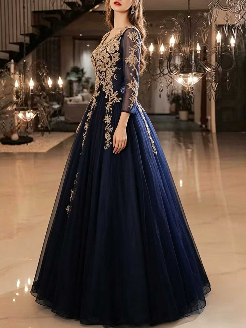 Navy Blue Long Sleeve Lace Evening Gown with Gold Appliqués