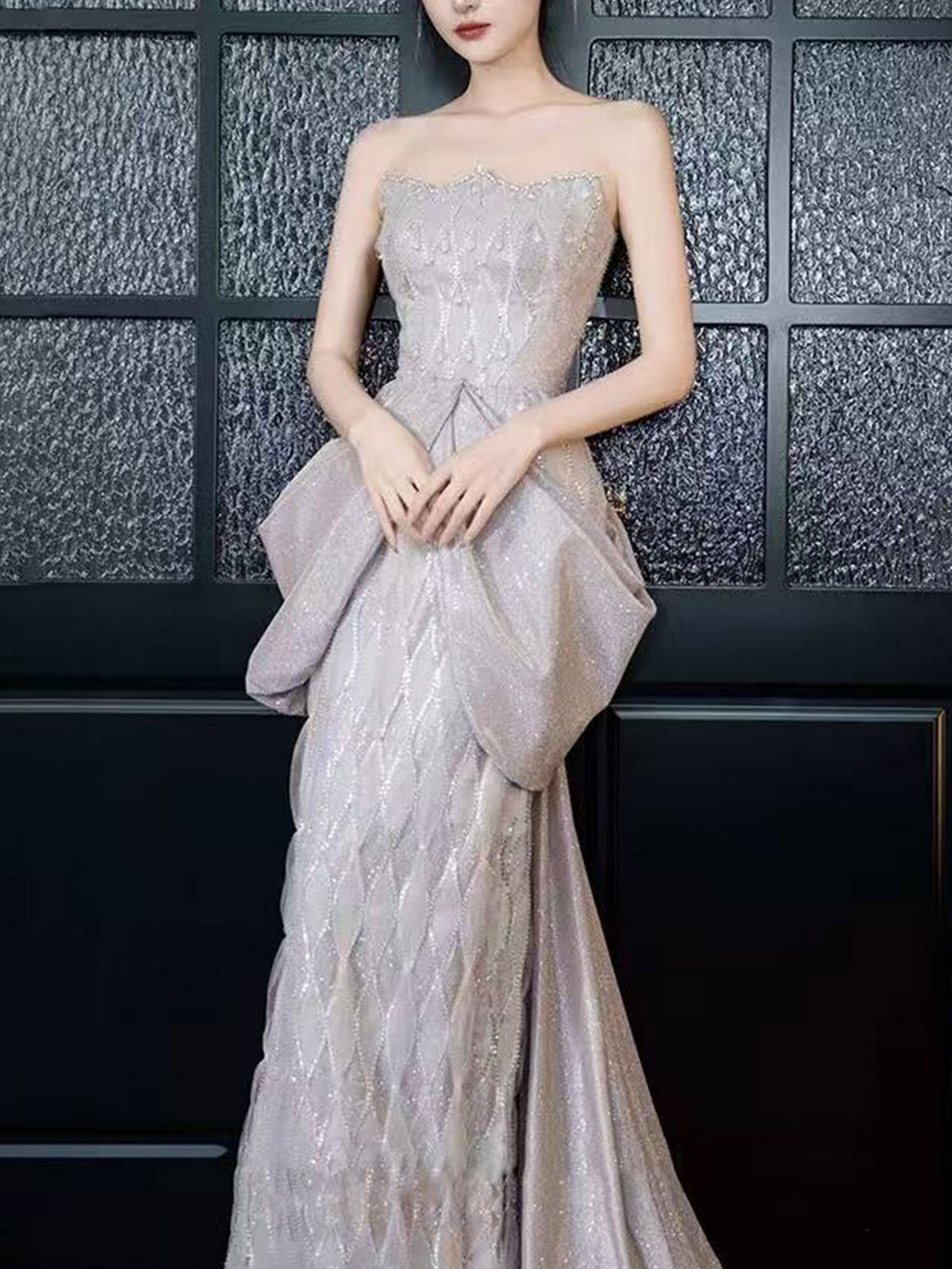 Strapless Lavender Draped Ruffle Glitter Mermaid Formal Gown