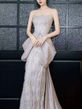 Strapless Lavender Draped Ruffle Glitter Mermaid Formal Gown