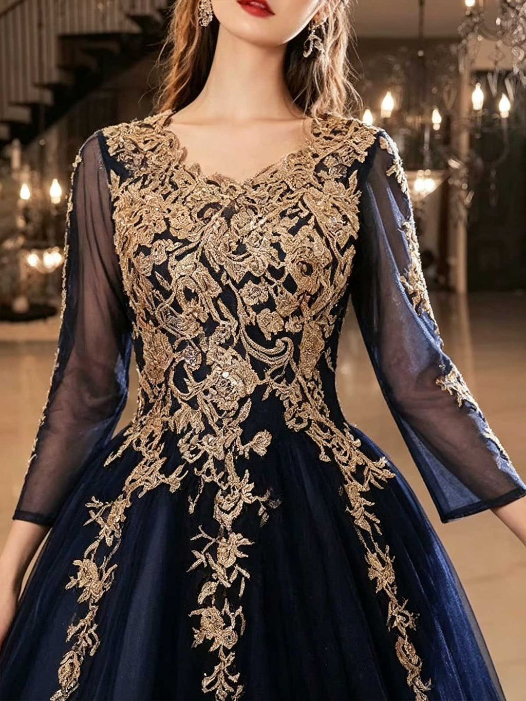 Navy Blue Long Sleeve Lace Evening Gown with Gold Appliqués