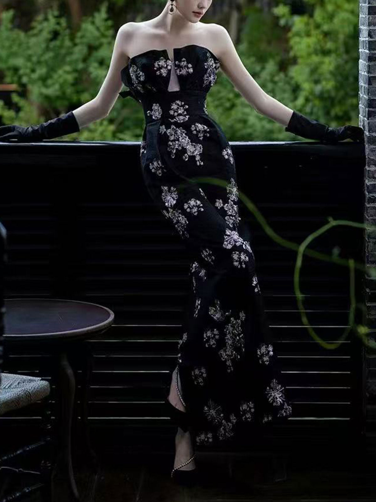 Strapless Black Floral Embroidery Slit Velvet Mermaid Gown