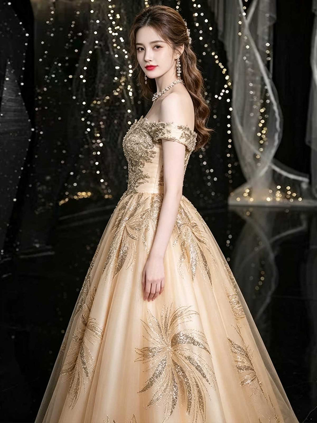 Champagne Gold Off-the-Shoulder Tulle Ball Gown with Feather Beaded Bodice