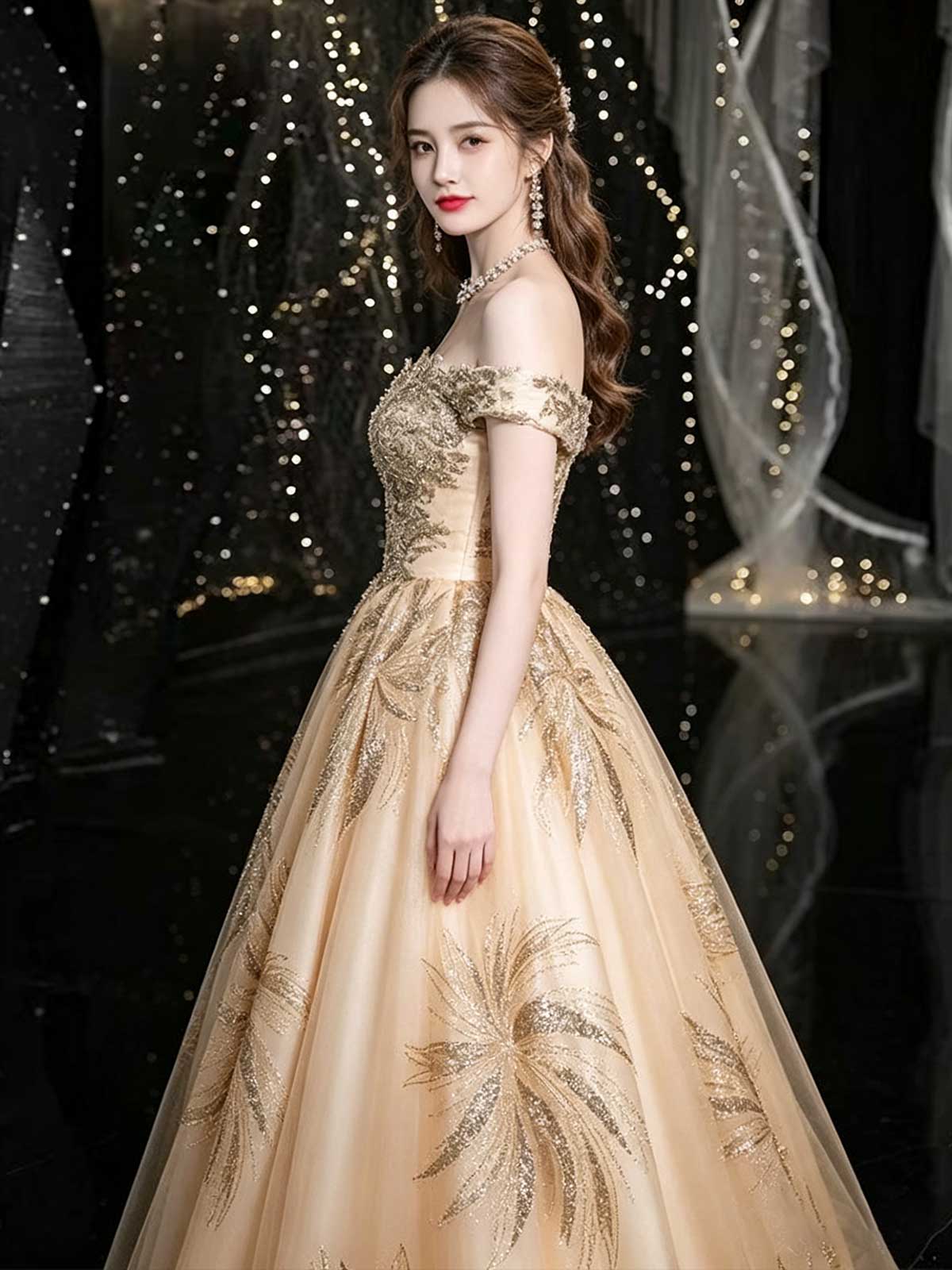 Champagne Gold Off-the-Shoulder Tulle Ball Gown with Feather Beaded Bodice