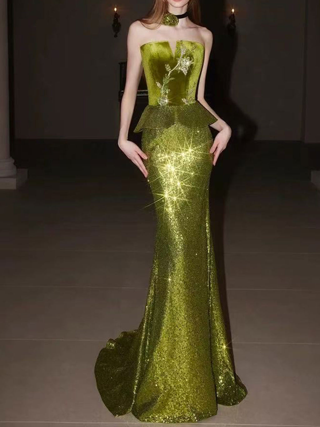 Strapless Green Peplum Floral Beaded Glitter Mermaid Gown