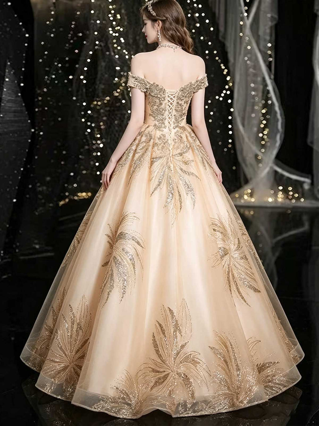 Champagne Gold Off-the-Shoulder Tulle Ball Gown with Feather Beaded Bodice