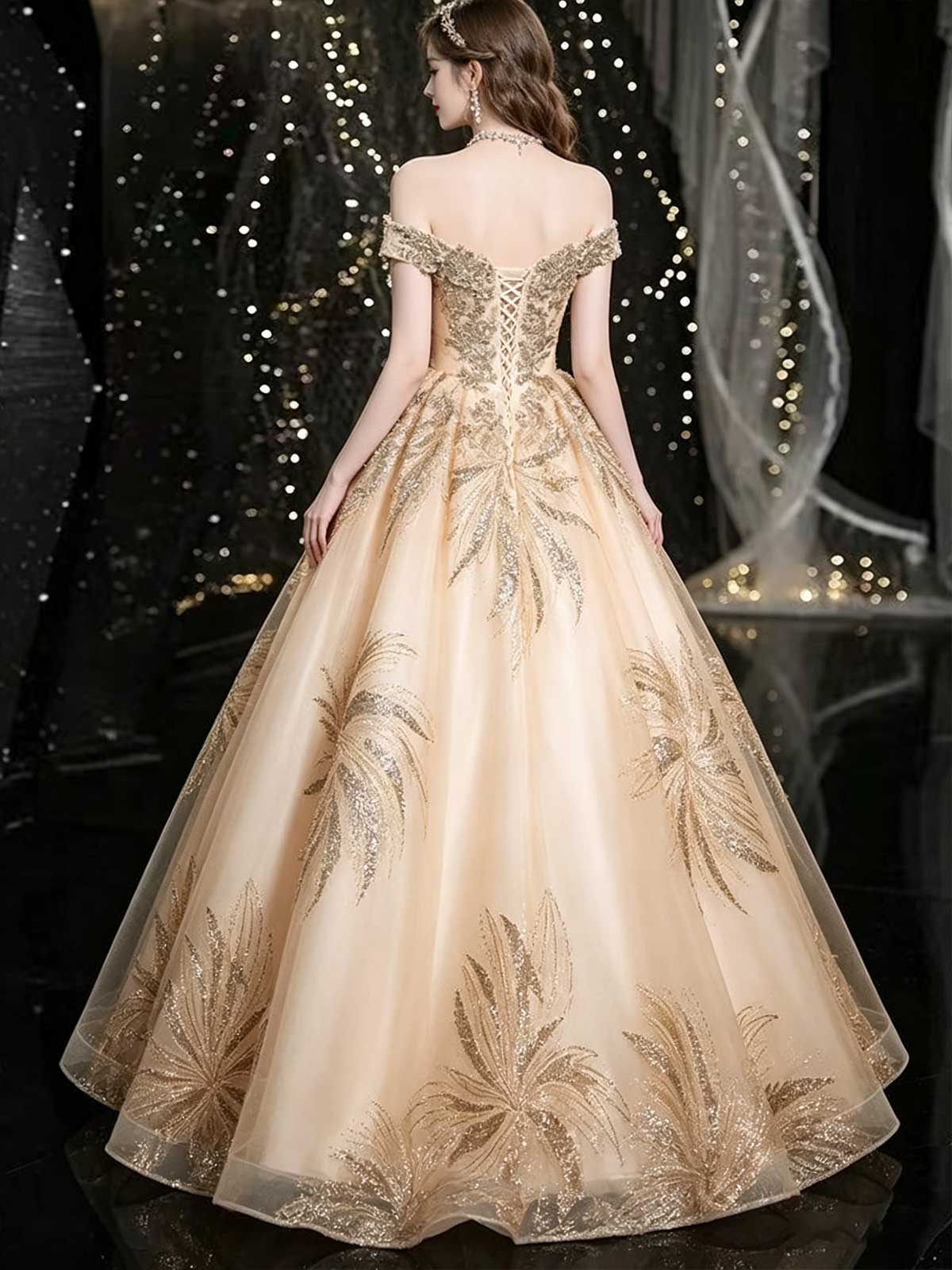 Champagne Gold Off-the-Shoulder Tulle Ball Gown with Feather Beaded Bodice