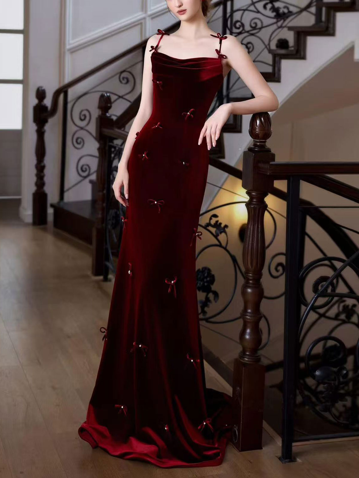 Spaghetti Strap Burgundy Bow Velvet Mermaid Evening Gown