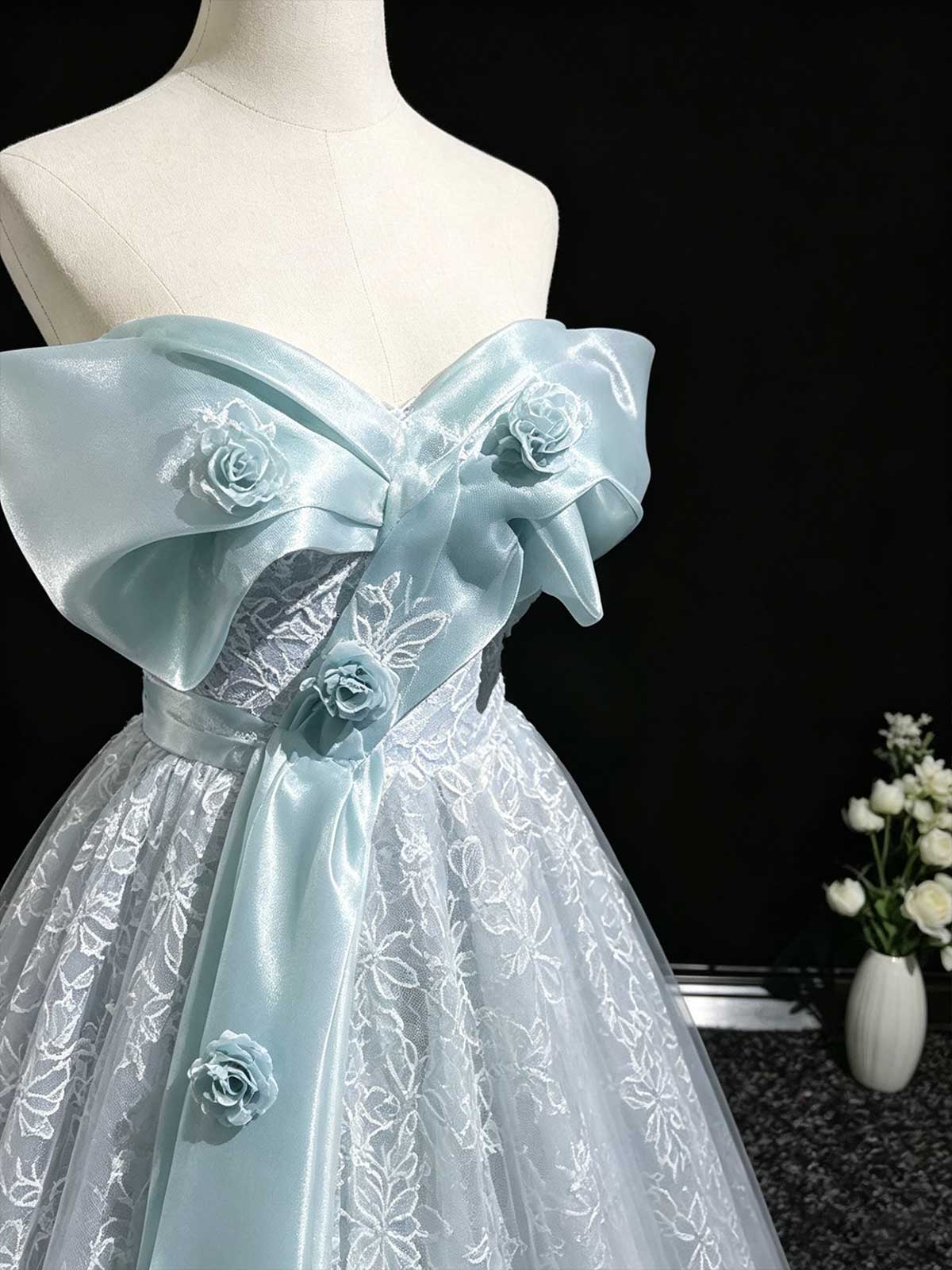 Light Blue Off-the-Shoulder Lace Ball Gown with Satin Bow Sash