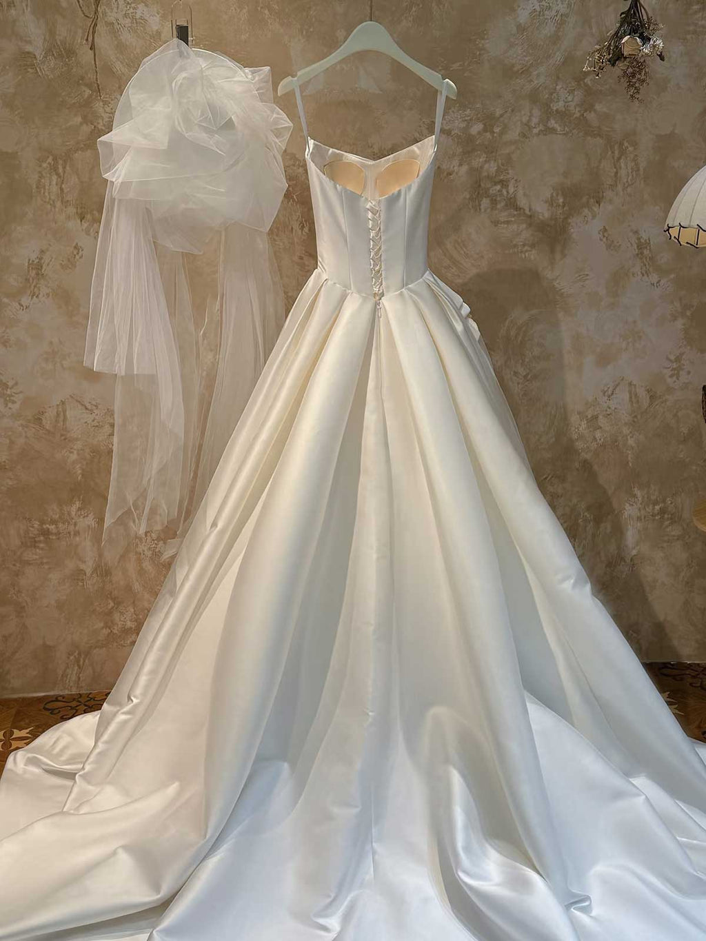Satin Strapless Ball Gown with 3D Floral Appliqué & Sheer Tulle Accents