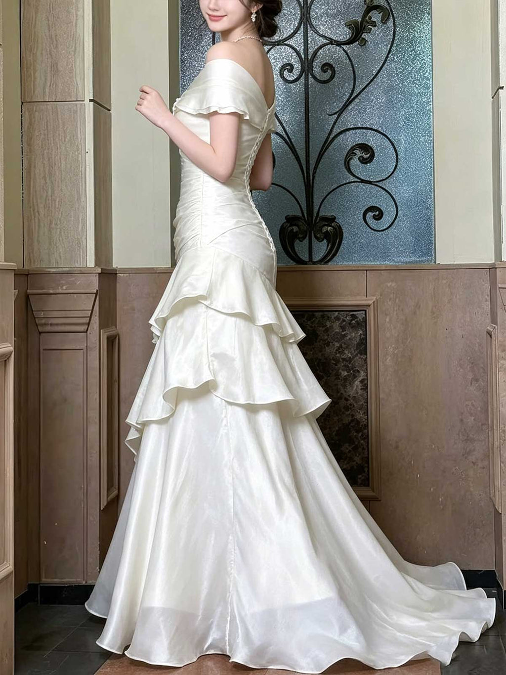 Ivory Satin Off-the-Shoulder Ruffle Tiered Mermaid Wedding Dress