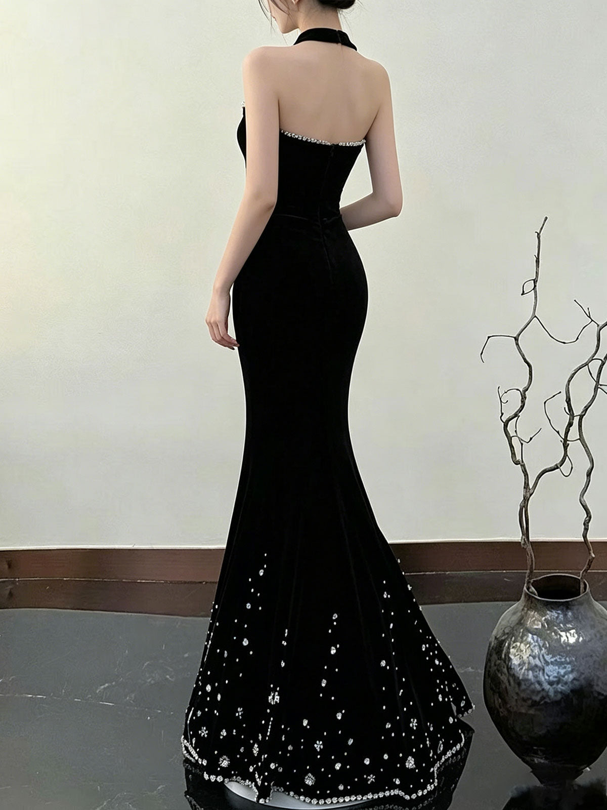 Strapless Black Velvet Rhinestone Mermaid Evening Gown with Big Back Bow Formal Dress