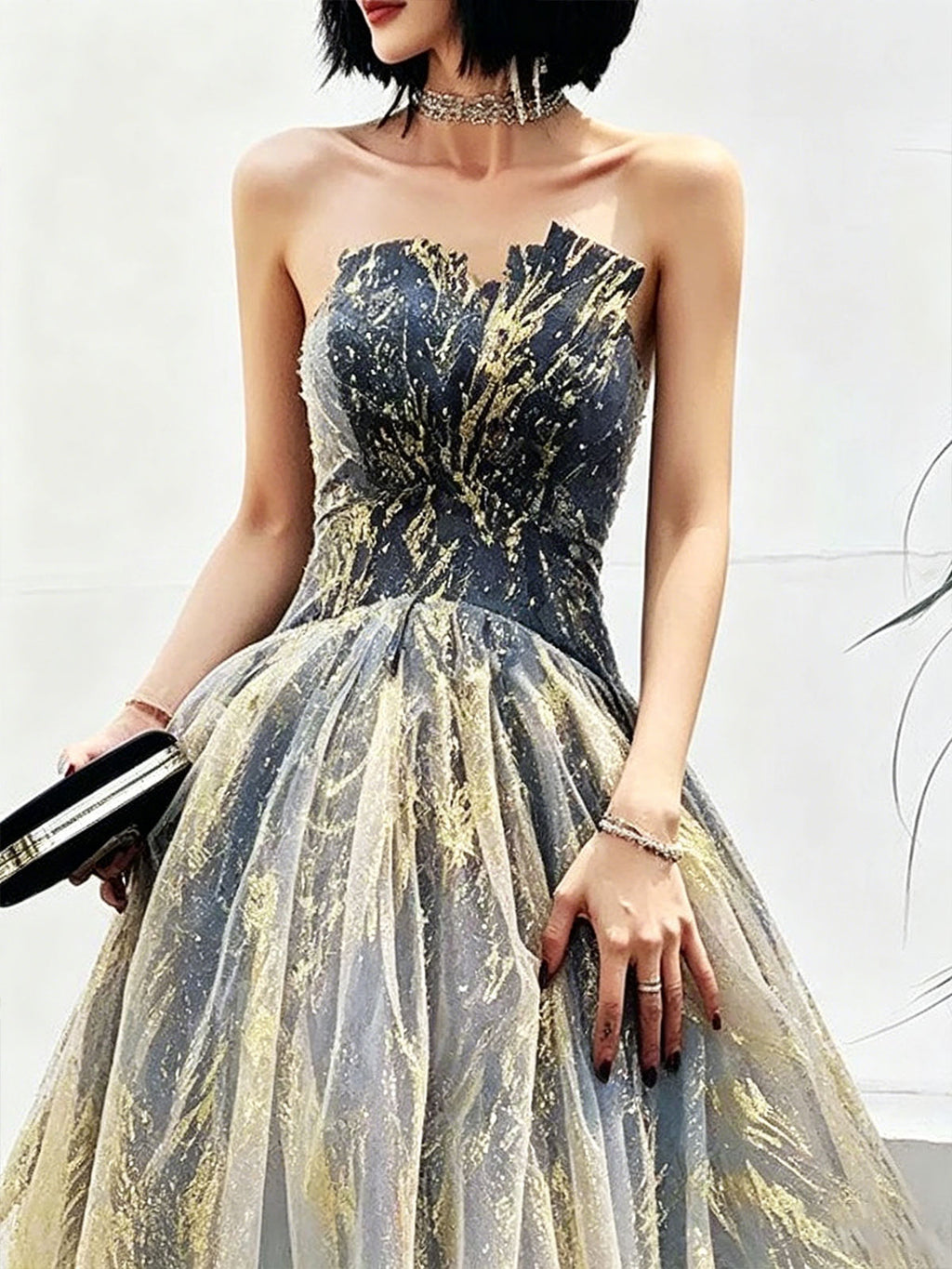 Navy Blue Strapless Ball Gown with Gold Foil Glitter Tulle
