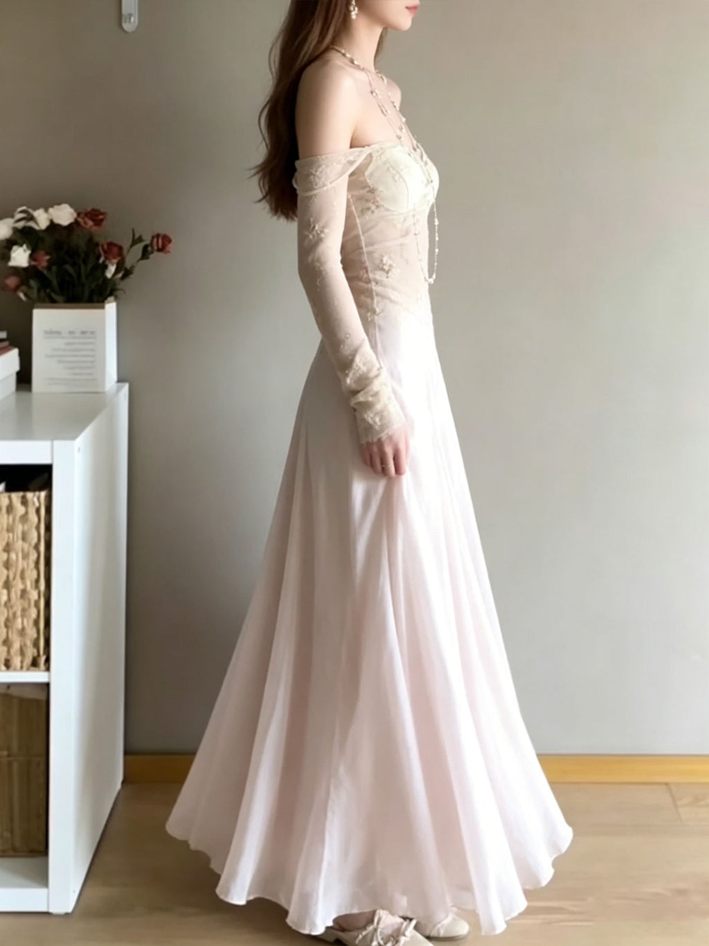 Off Shoulder Lace Mesh Flowy Chiffon Evening Maxi Dress