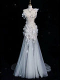 3D Floral Applique Tulle Mermaid Wedding Dress with Spaghetti Straps