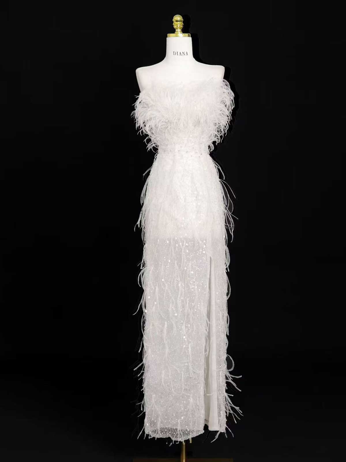 White Feather Sequin Strapless Mermaid Evening Gown with Slit