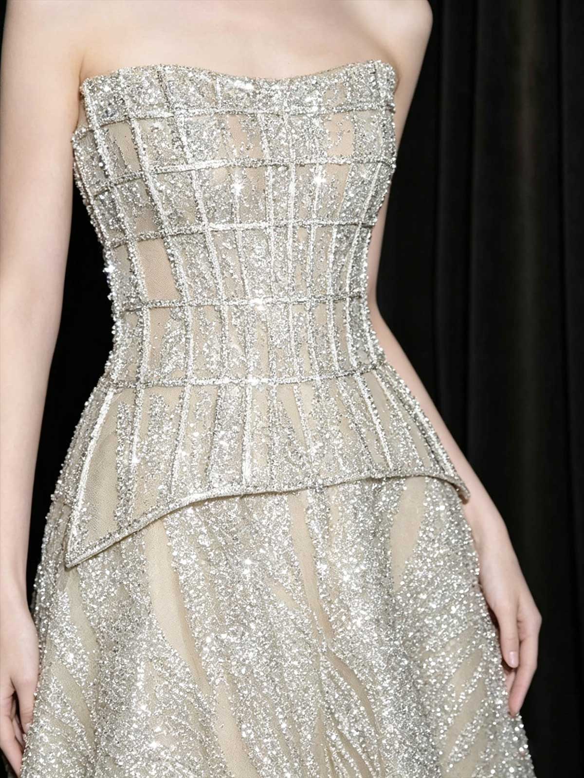 Silver Strapless Grid Beaded A-Line Evening Gown