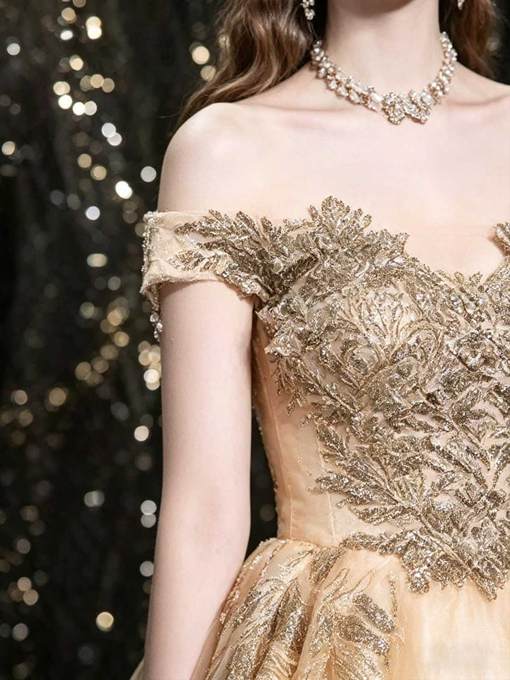 Champagne Gold Off-the-Shoulder Tulle Ball Gown with Feather Beaded Bodice