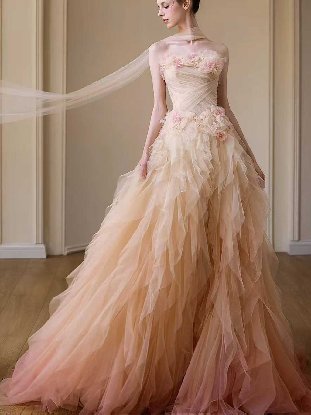Blush Pink Strapless Ombre Tulle Evening Gown with 3D Floral Appliqués