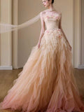 Blush Pink Strapless Ombre Tulle Evening Gown with 3D Floral Appliqués