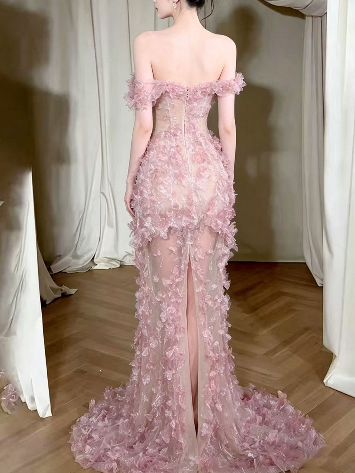 Off Shoulder Pink Petal High Low Tulle Mermaid Evening Gown