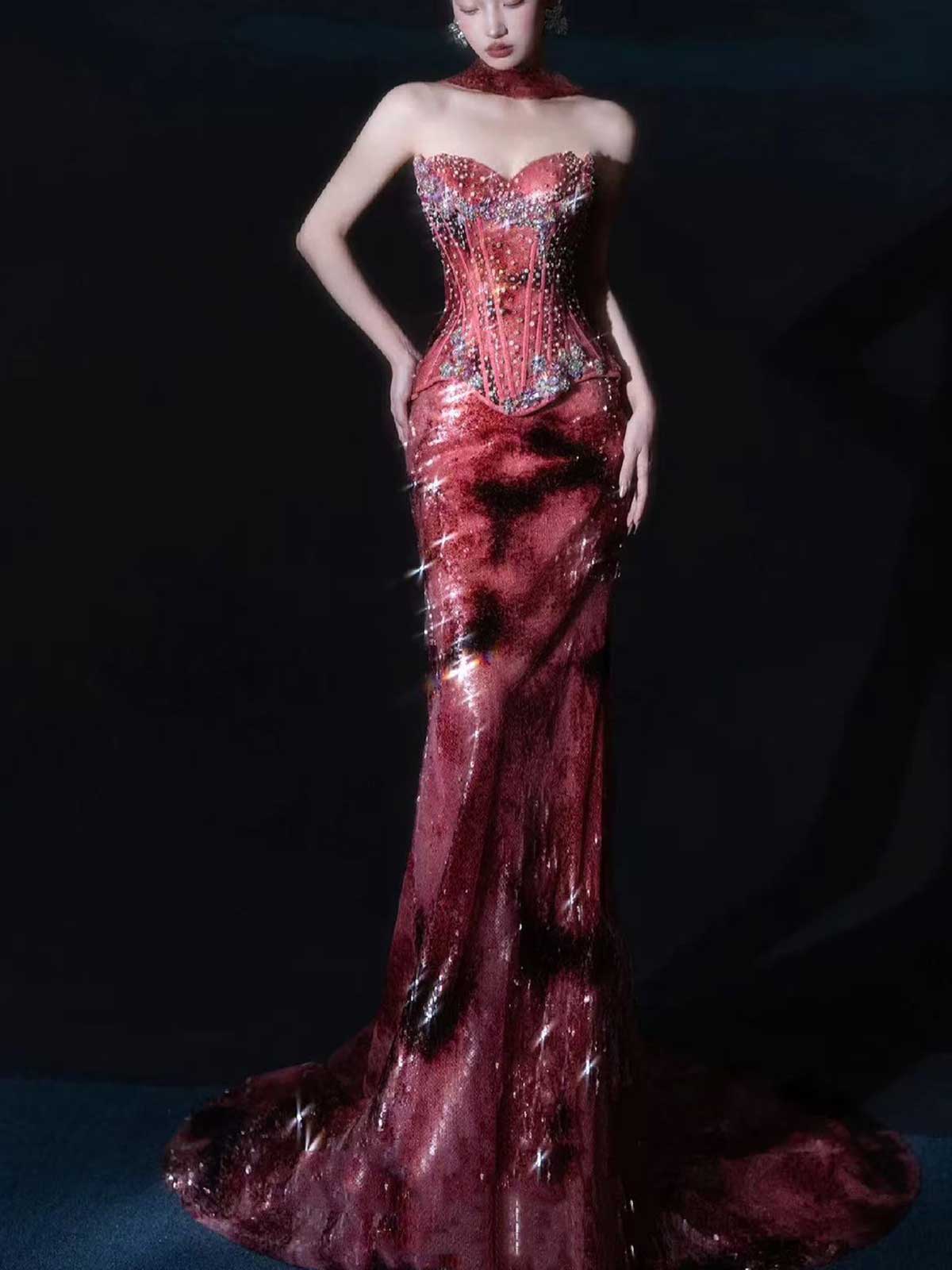 Burgundy Red Strapless Corset Sequin Mermaid Evening Gown