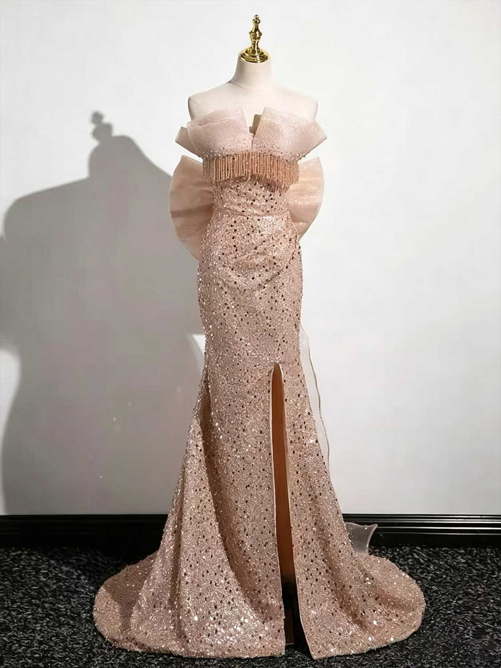 Rose Gold Off-the-Shoulder Sequin Mermaid Evening Gown with Fringe Trim
